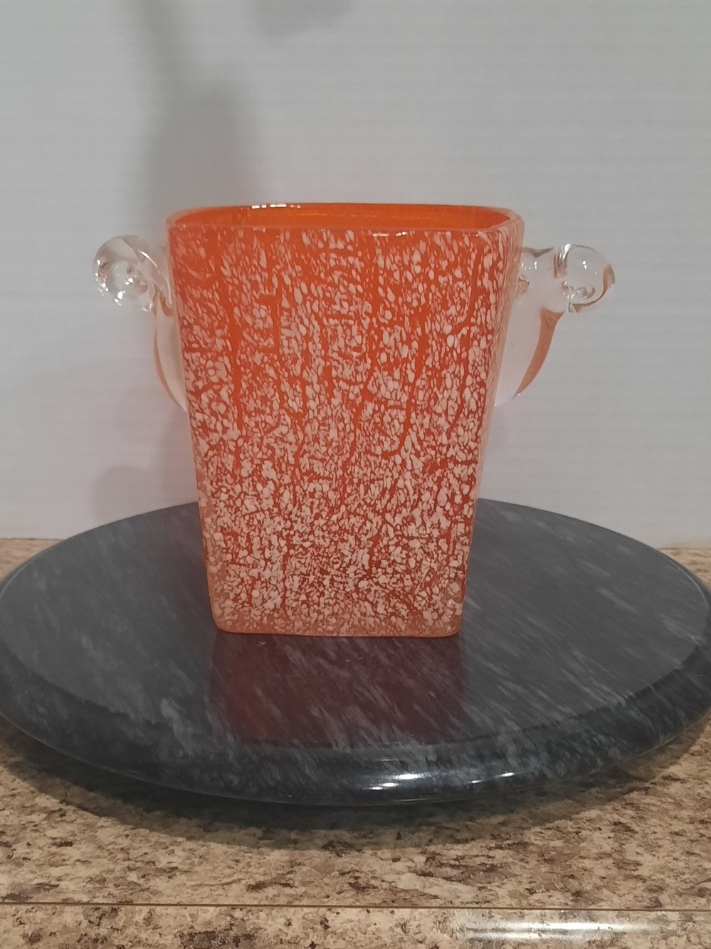 Orange Amberina Art Glass Ice Bucket with Clear Handles